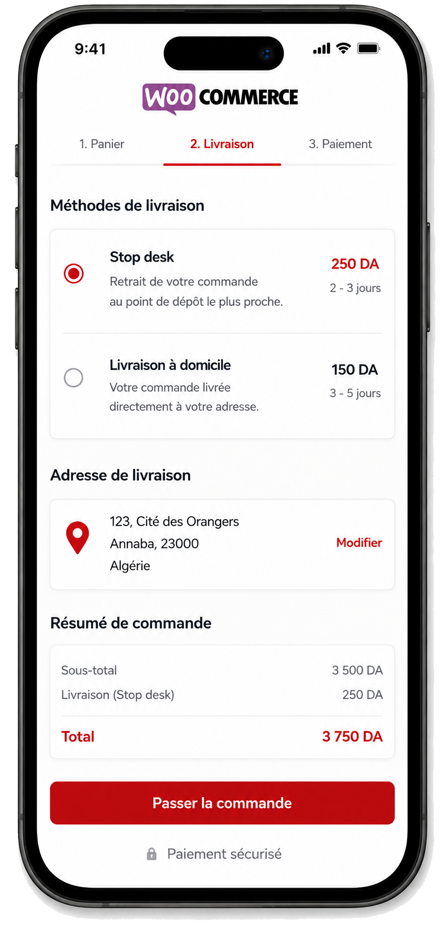 Aperçu mobile du checkout Yalidine — étape Livraison